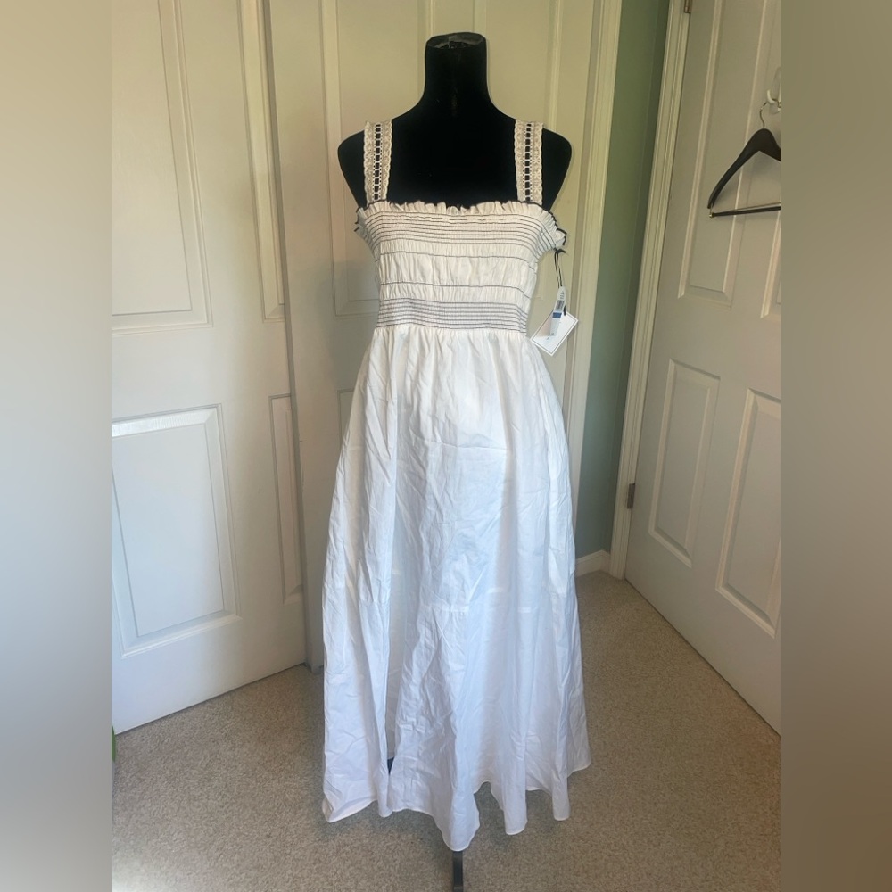 1.STATE Topstiched Smocked Bodice Maxi Dress Ultra White - XL NWT - Picture 3 of 8